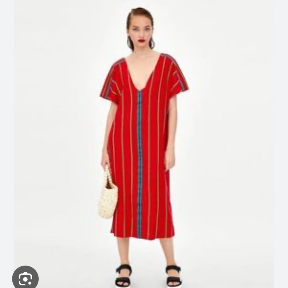 Zara Red Striped V-Neck Kaftan Boho Resort 100% Cotton Dress